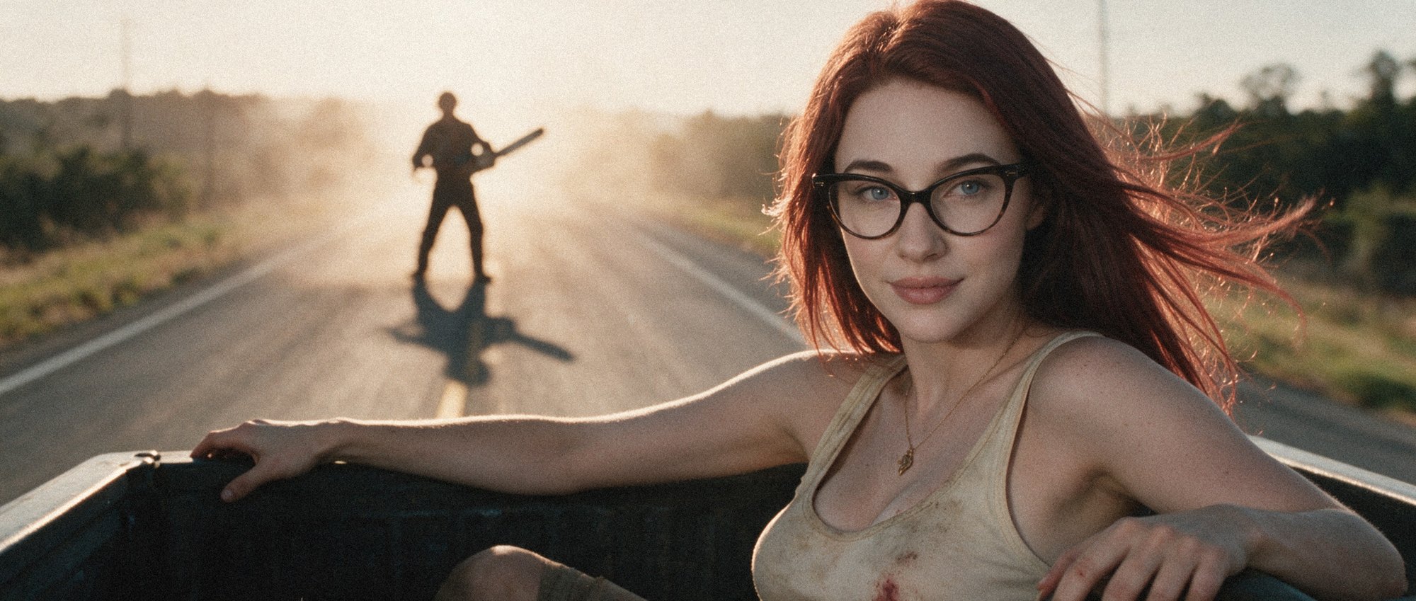 Deanna riding in the bed of a pickup truck on an empty highway, a chainsaw-wielding silhouette standing in the road behind her
