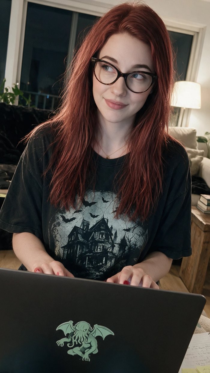 Deanna at her laptop in a haunted house t-shirt, a winged Cthulhu sticker on the lid